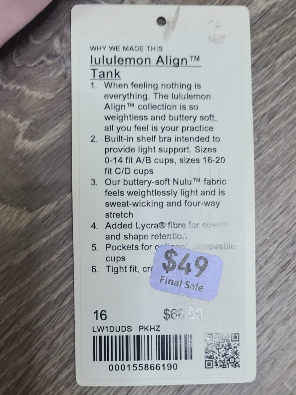 Lululemon Align Tank Top With Pads NWT Pink Haze - Size 16 - Picture 5 of 7
